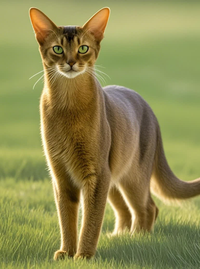 Abyssinian cat breed, standing on the lawn.