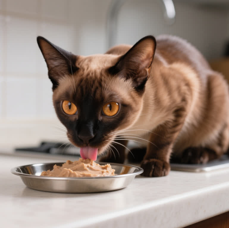 Abyssinian cat eating breakfast
