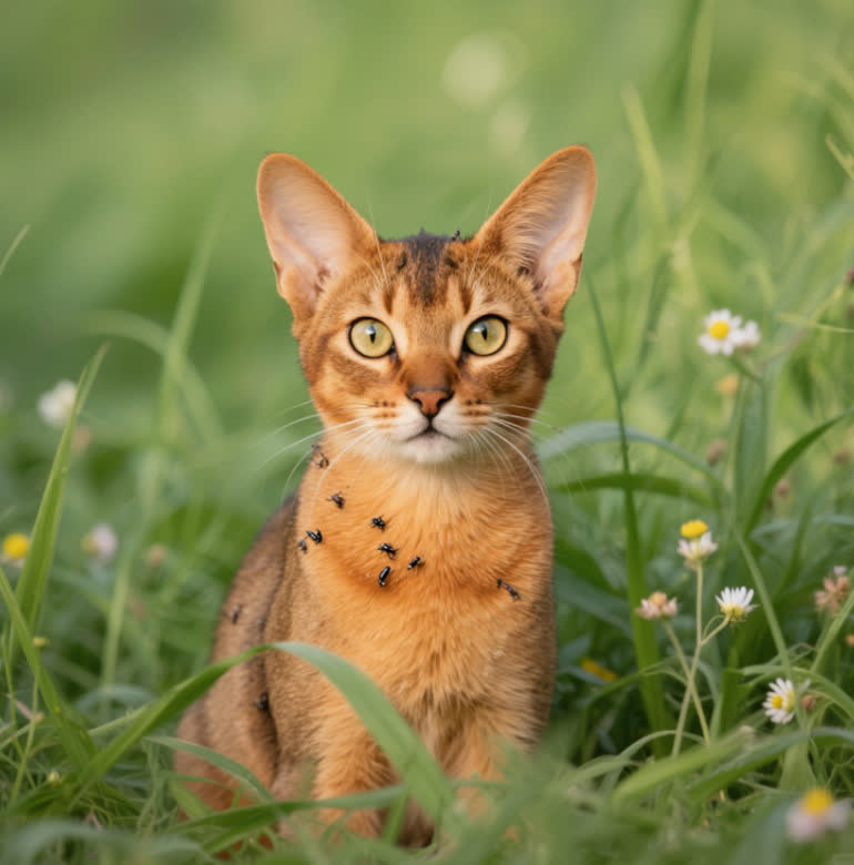 Abyssinian cat with ticks on its fur