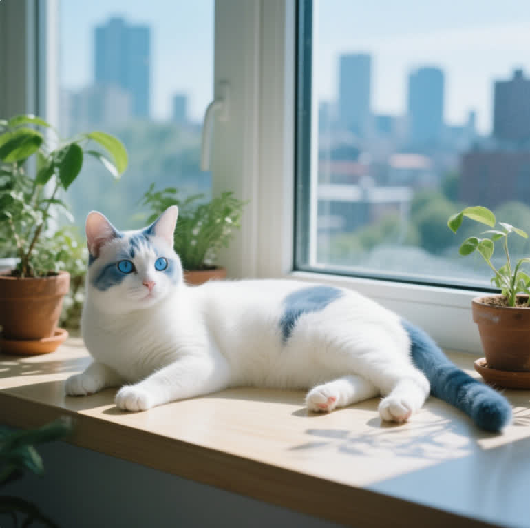 Snowshoe cat lazily sprawled on the sun-drenched windowsill