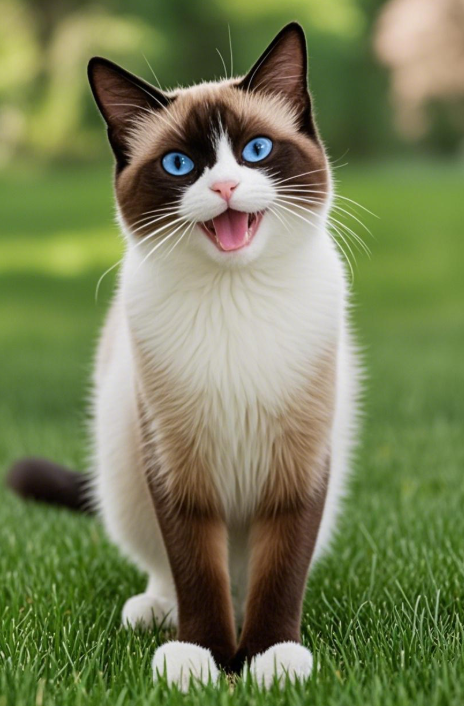snowshoe-cat-breed stands on the lawn and smiles at his owner